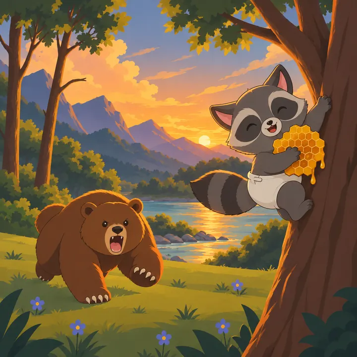 COON up a tree with a honeycomb while a bear runs below